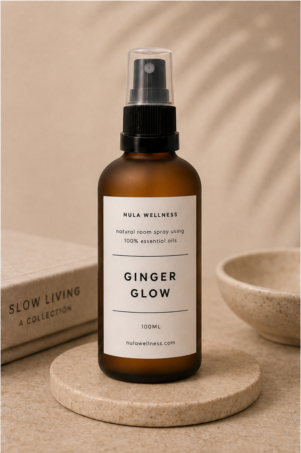 Nula Wellness Bedtime Bliss room spray in amber bottle on a neutral background