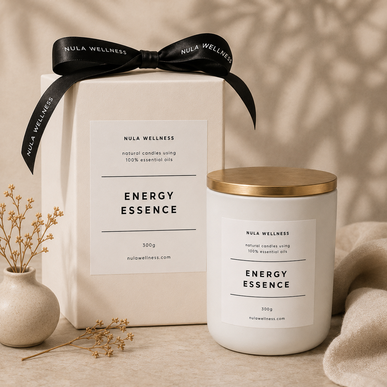 Nula Wellness Energy Essence candle with packaging on a neutral background